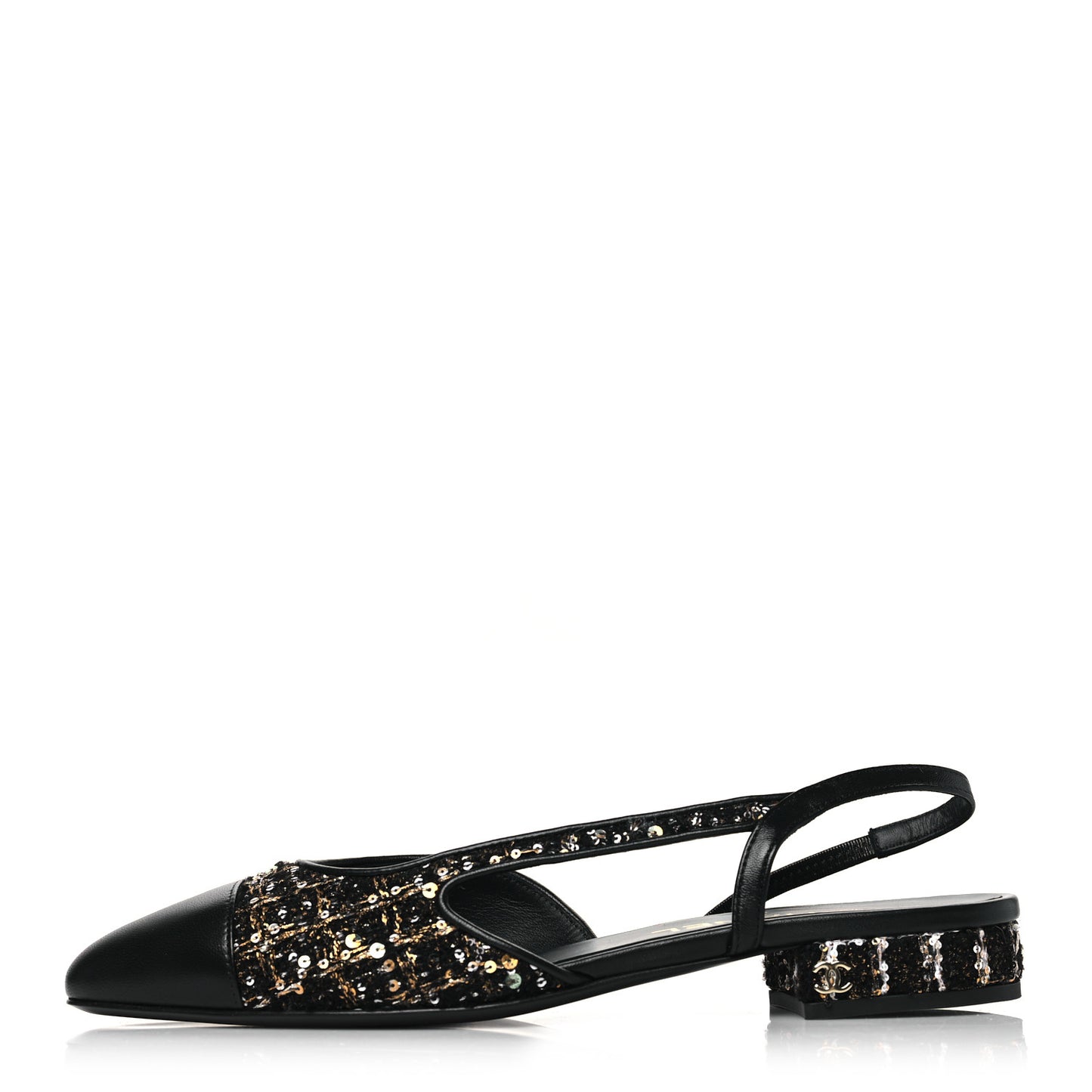 Tweed Sequins Cap Toe CC Slingback Flats 38.5 Black White Gold
