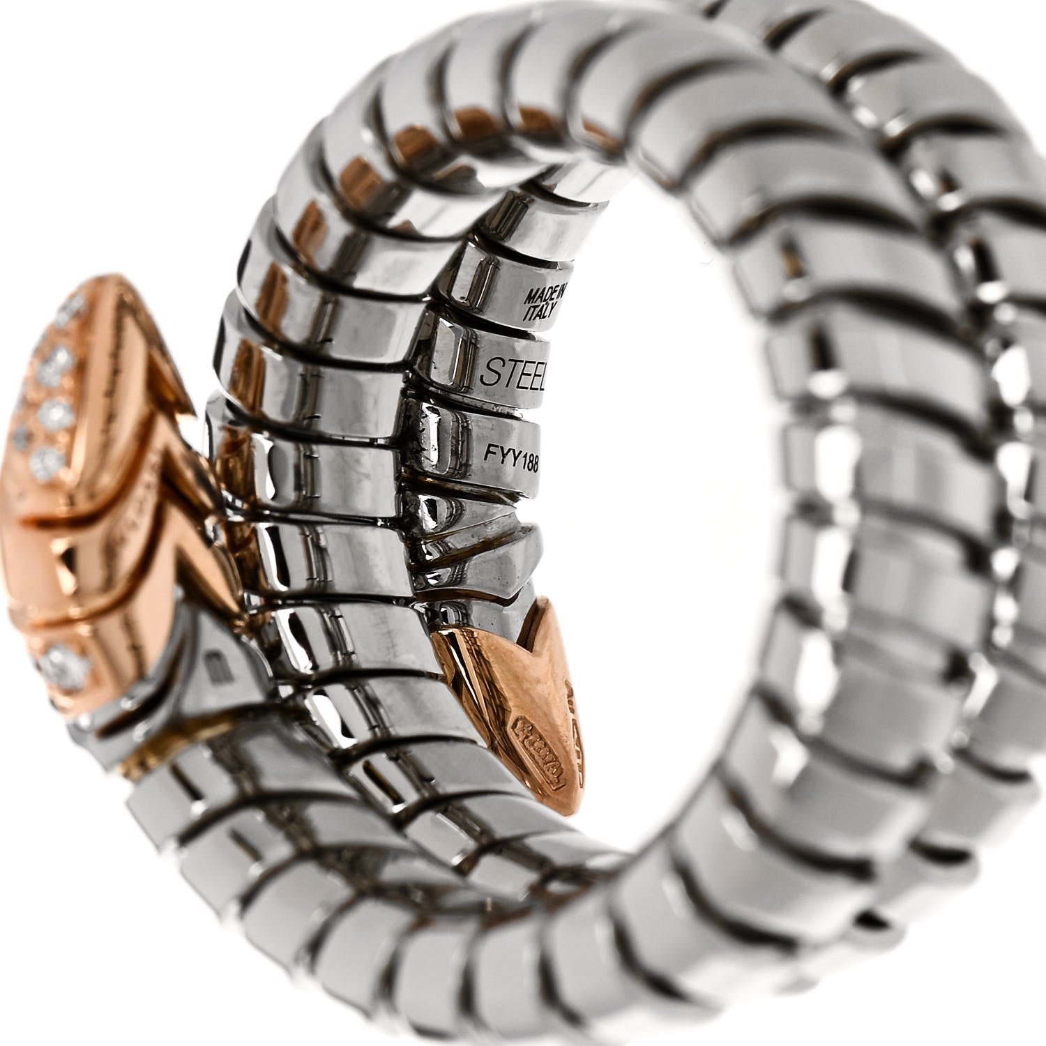 Bulgari Stainless Steel 18K Rose Gold Diamond Serpenti Tubogas Band Ring M 5 of 6