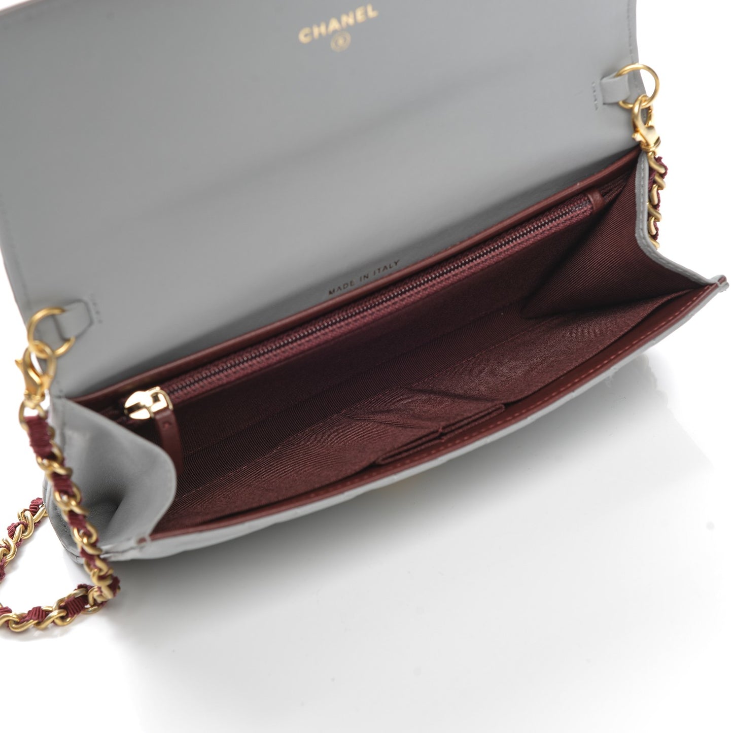 Lambskin Quilted Wallet With Removable Chain Grey Burgundy