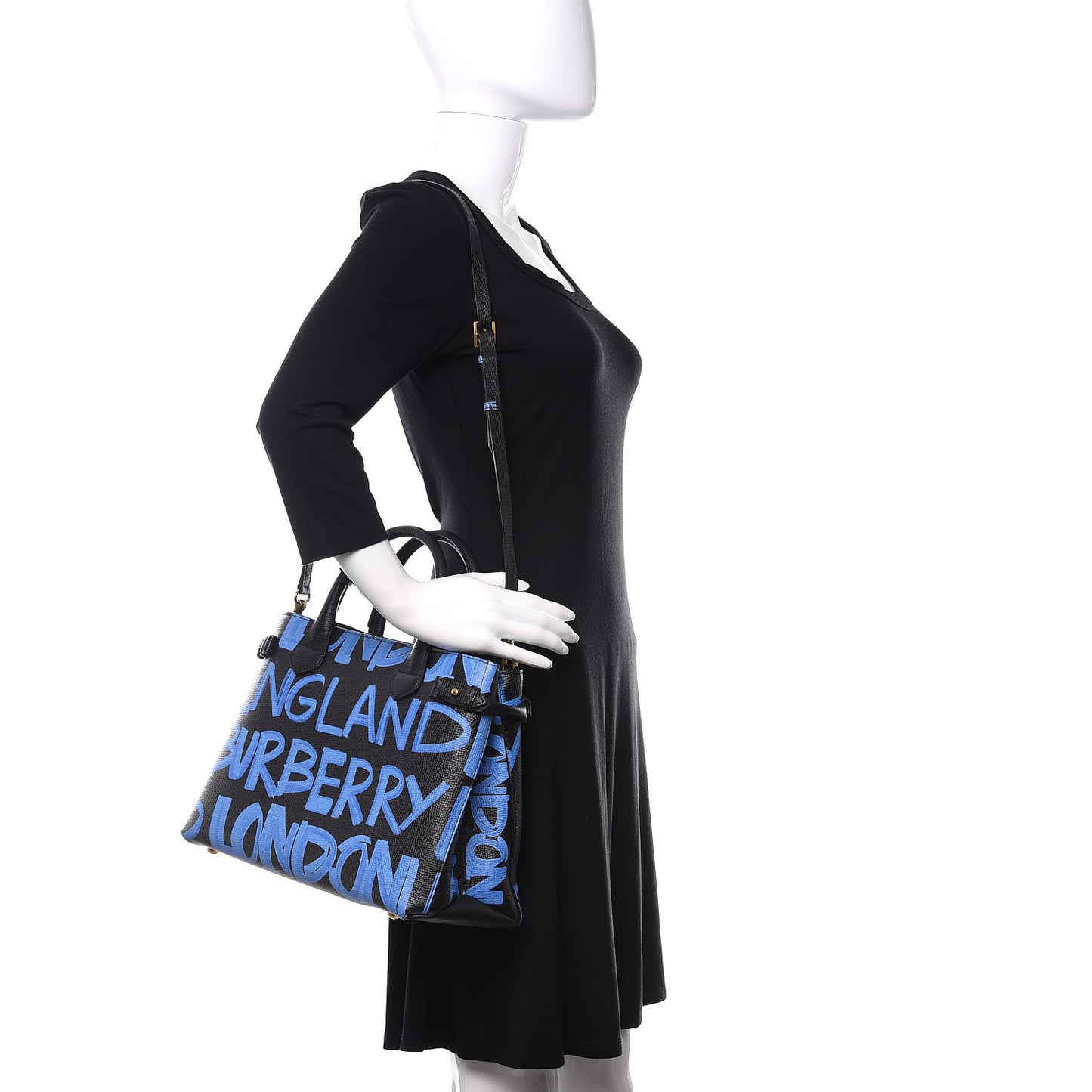Grainy Calfskin Graffiti Print Medium Banner Tote Black