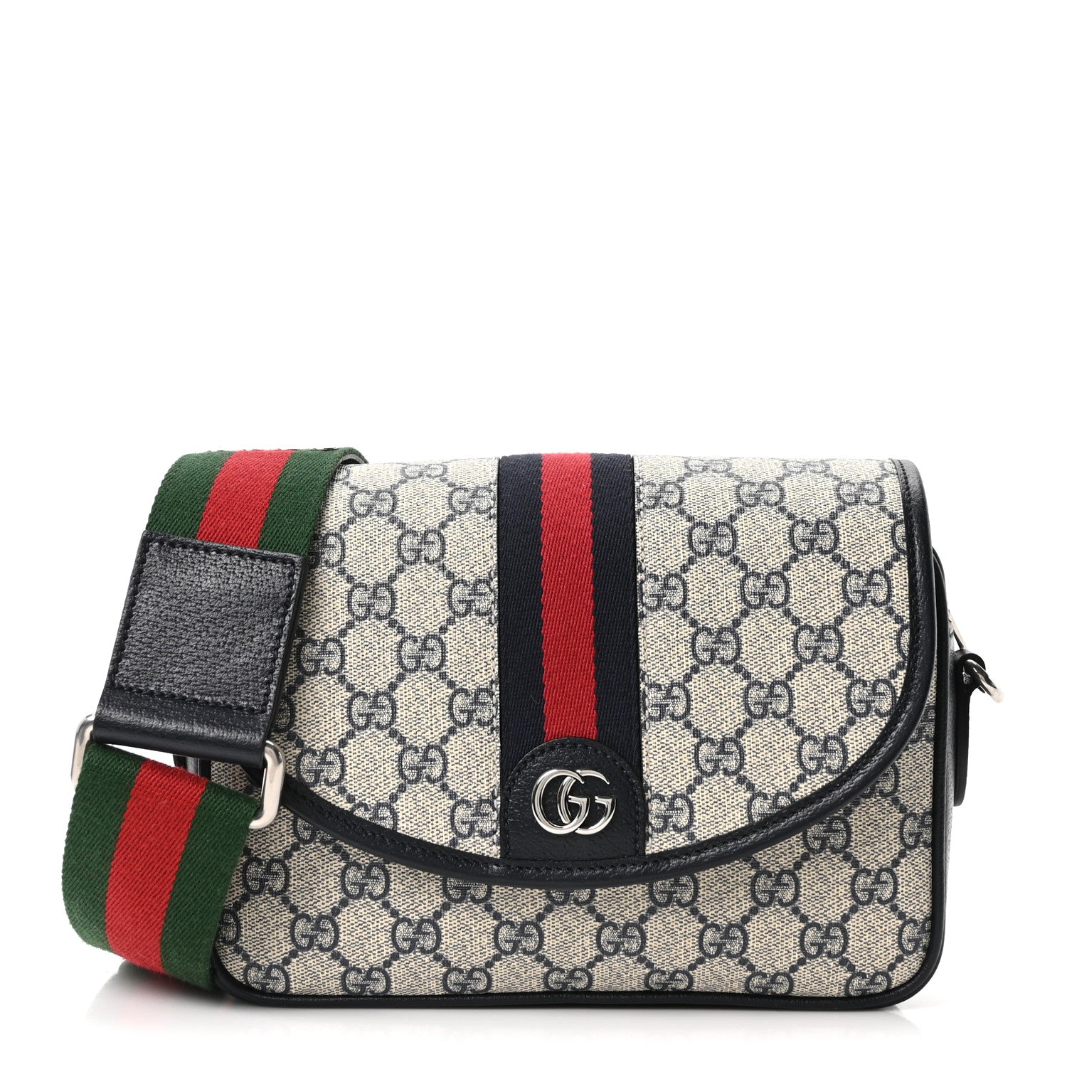 Gucci GG Supreme Monogram Textured Dollar Calfskin Web Studded Mini Ophidia Flap Shoulder Bag Beige Blue 1 of 9