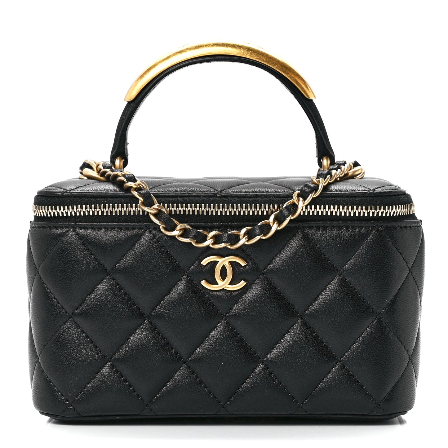 Lambskin Quilted Metal Small Top Handle Vanity Case With Chain Black