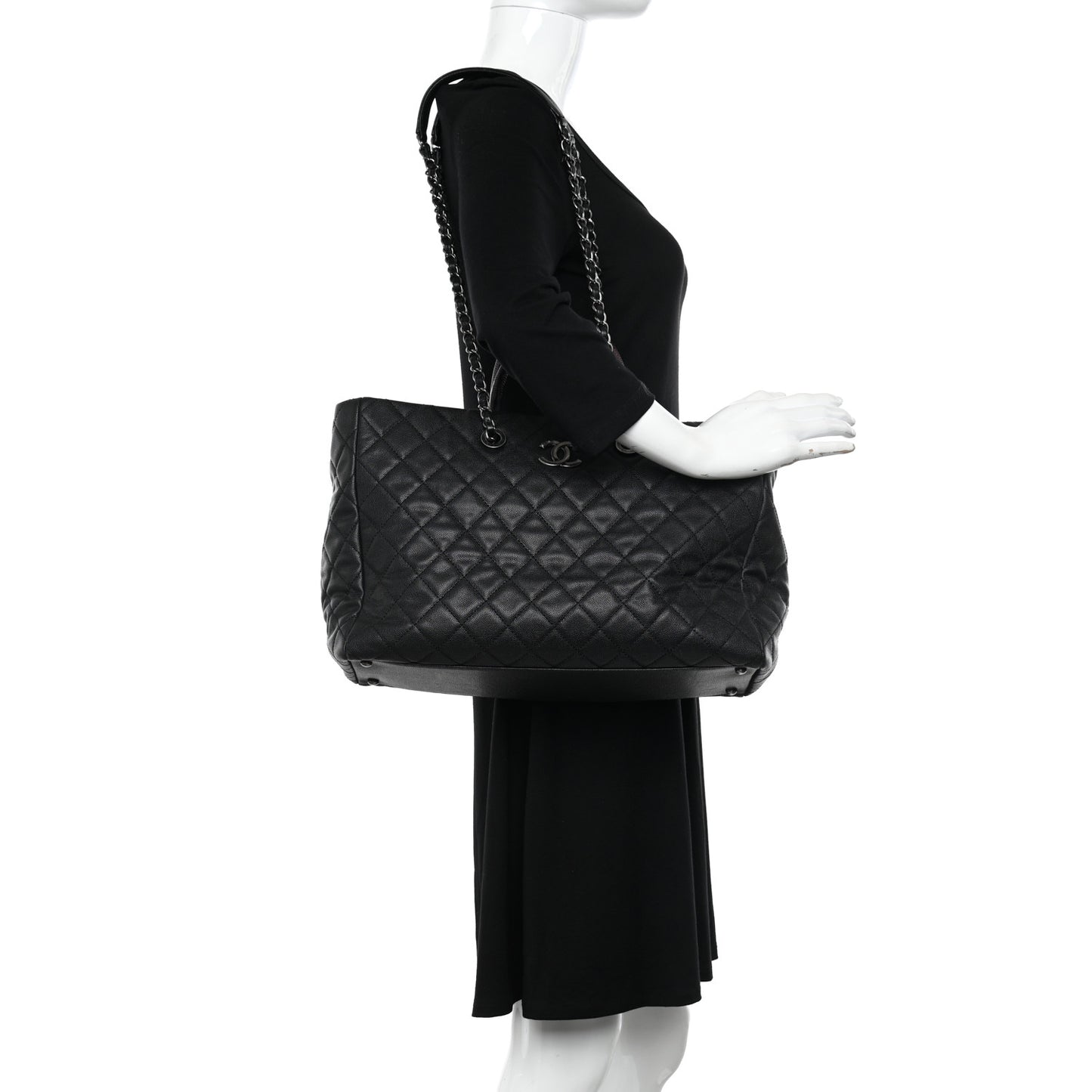 Caviar Lizard Quilted Large Coco Handle Shopping Tote Black