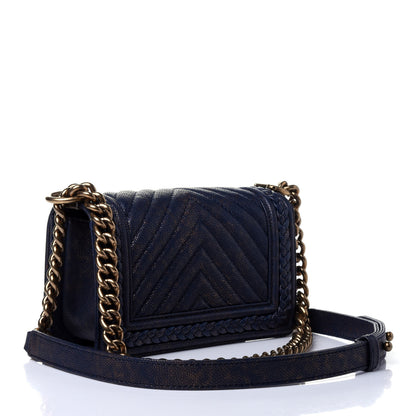Chanel Patinated Caviar Chevron Braided Small Boy Flap Navy Blue 2 of 4