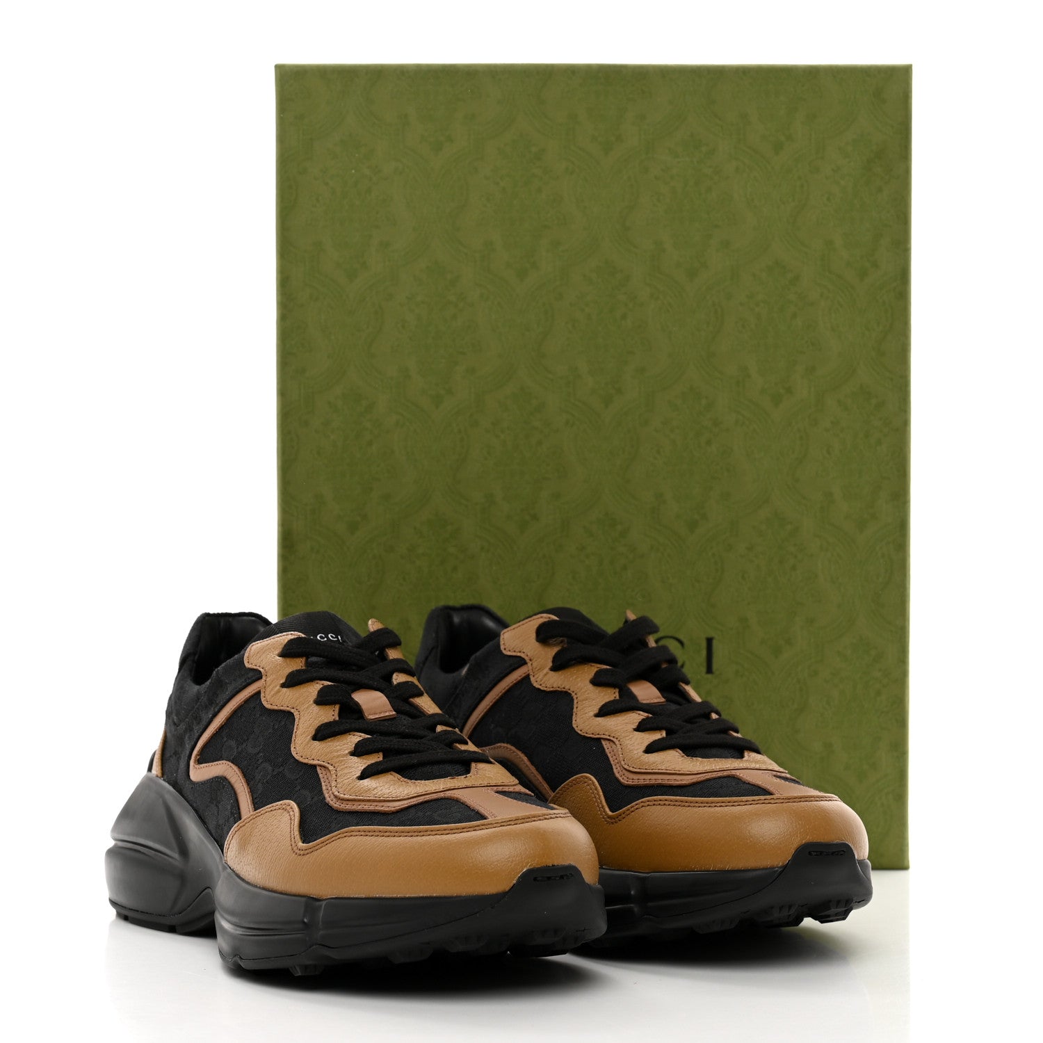 Gucci Monogram Textured Dollar Calfskin Mens Rhyton Sneakers 8 Black Khaki Beige 10 of 10