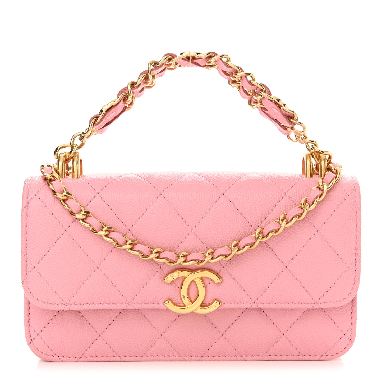 Caviar Quilted Flap Phone Holder With Chain Light Pink