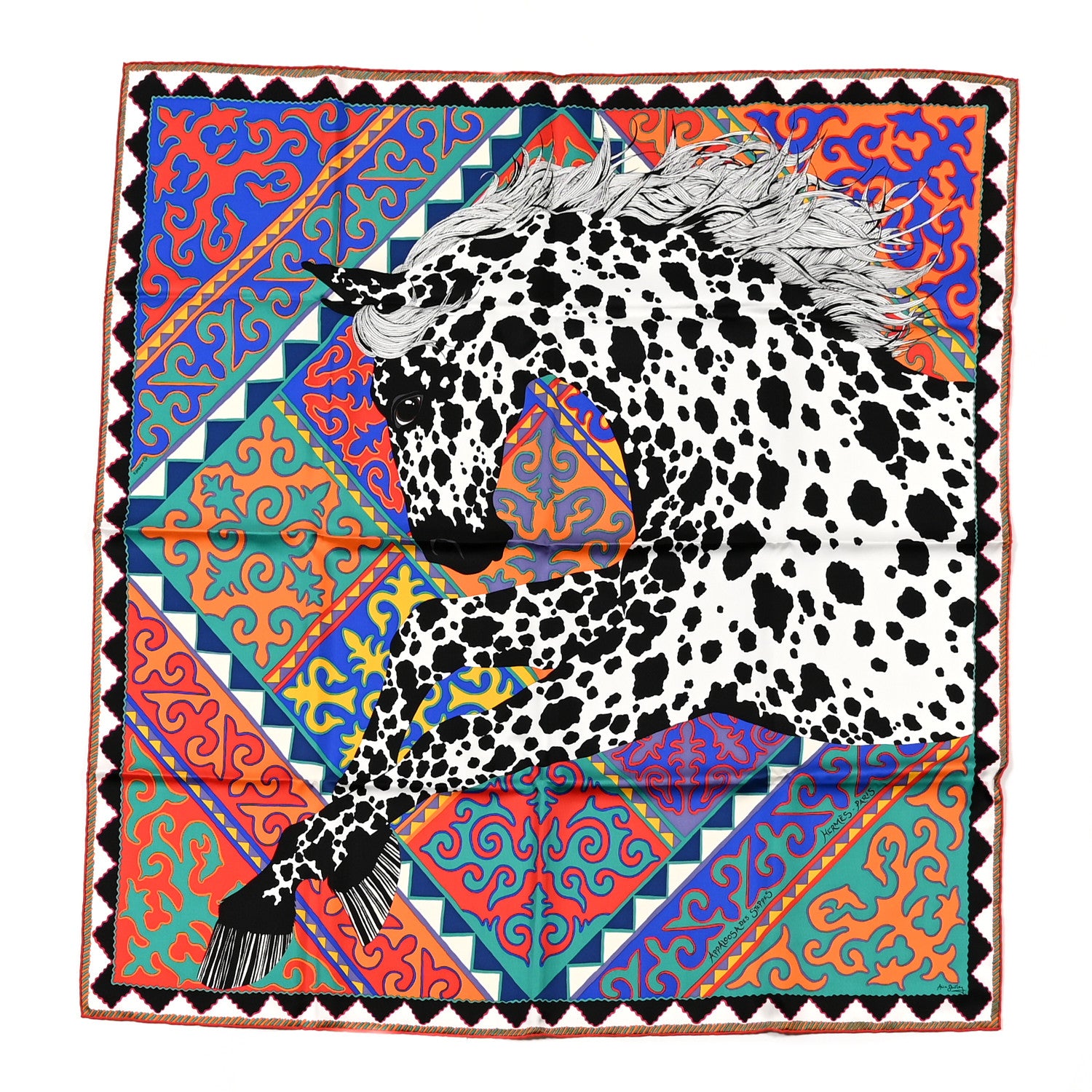 Hermes Silk Appaloosa Des Steppes Scarf 90 White Black Bleu 1 of 6