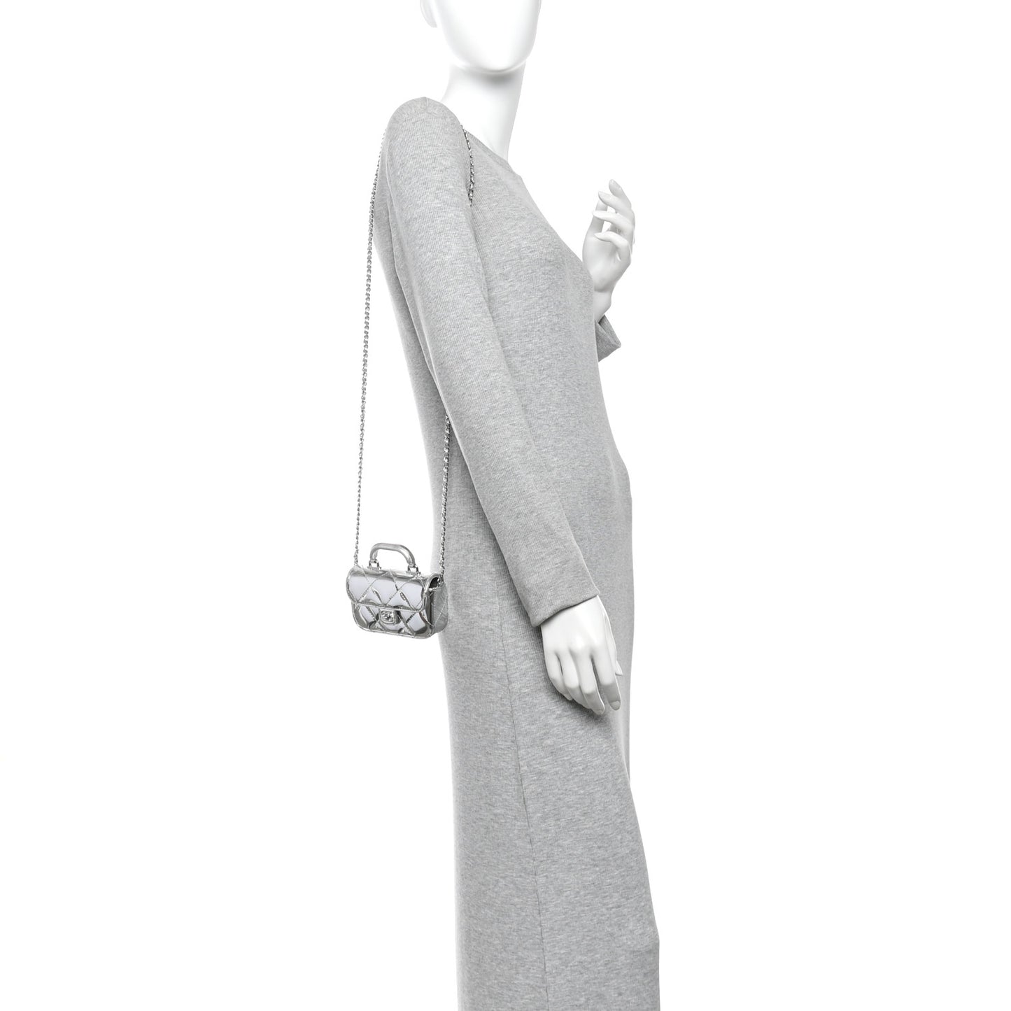 Mirror Calfskin Small Top Handle Clutch With Chain Silver