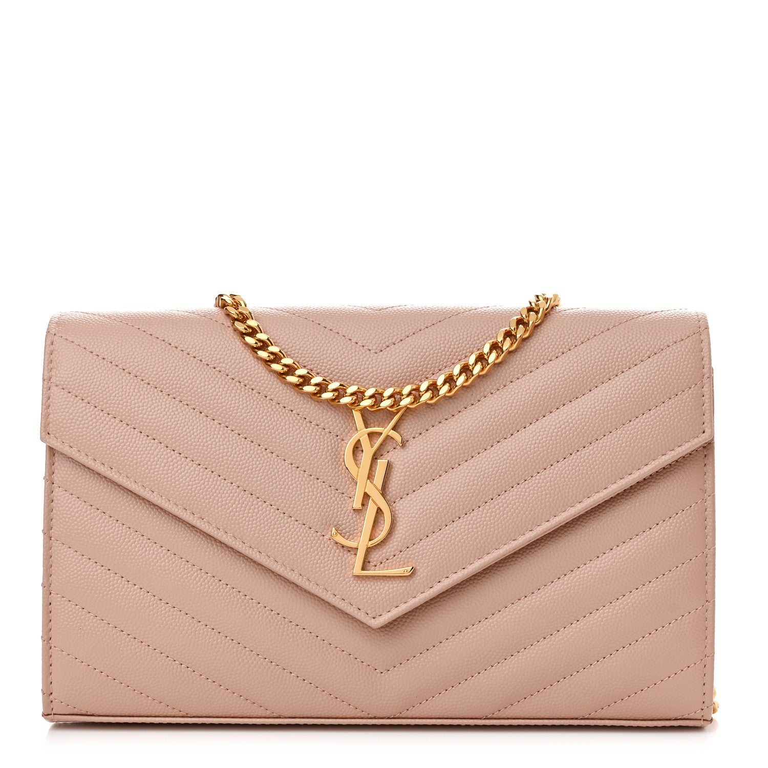 Saint Laurent Grain De Poudre Matelasse Chevron Monogram Chain Wallet Pale Pink 1 of 9