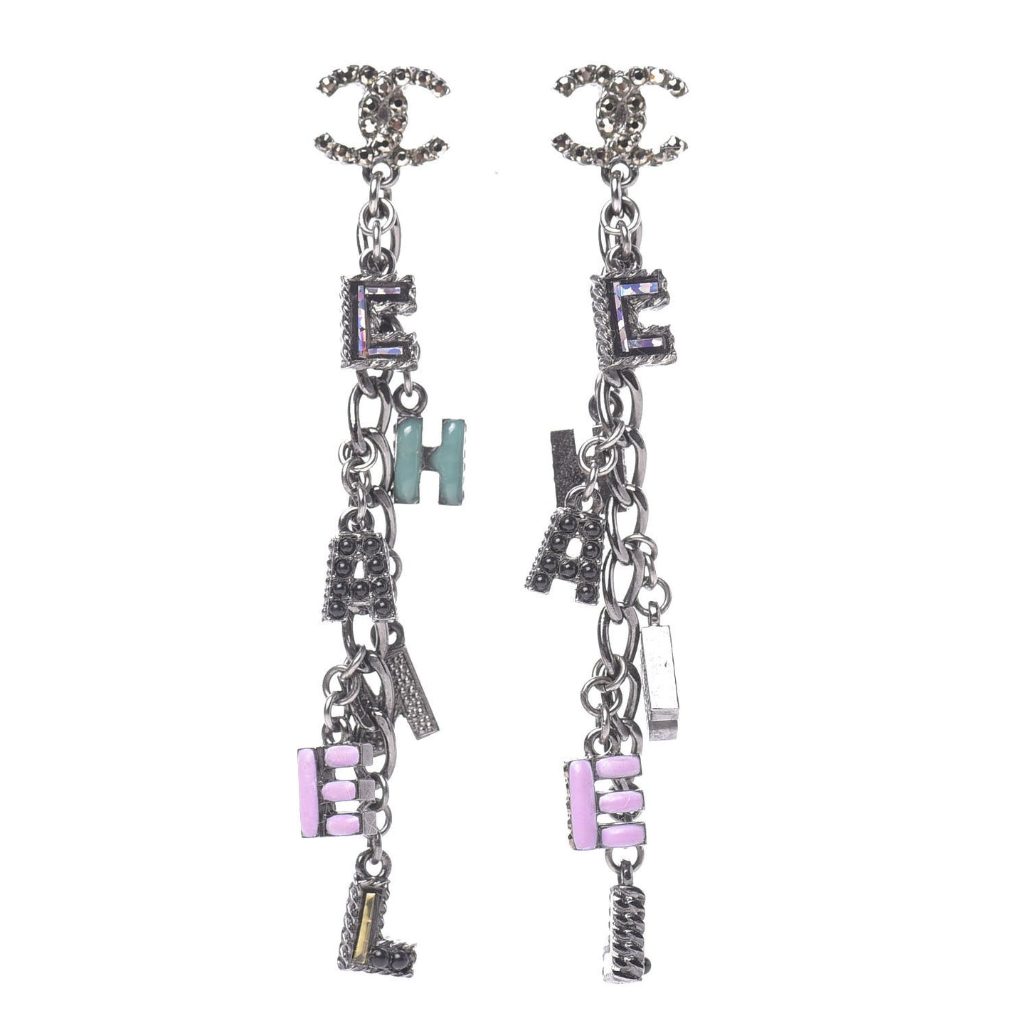 Crystal Enamel Logo Chain Drop Earrings Silver