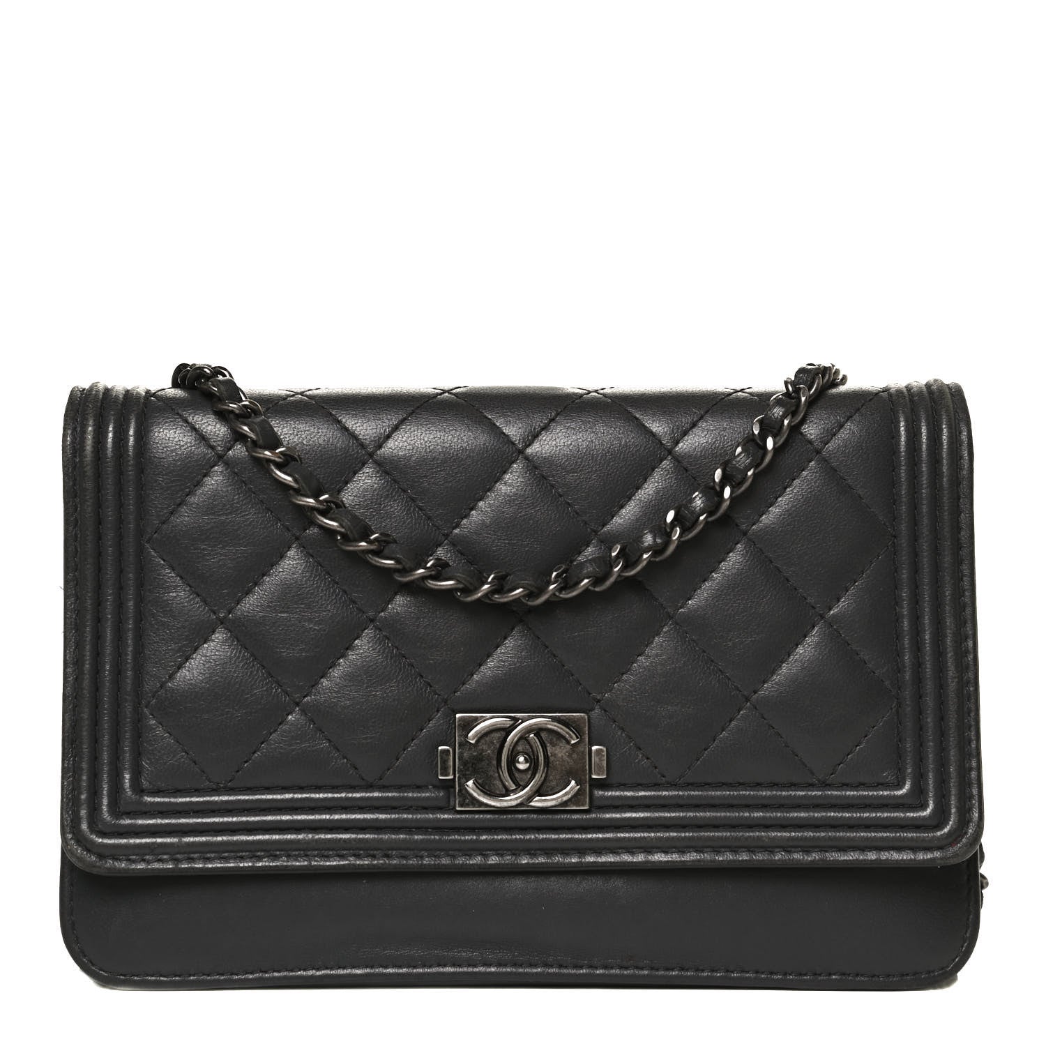 Chanel Calfskin Quilted Boy Wallet On Chain WOC Grey 1 of 11