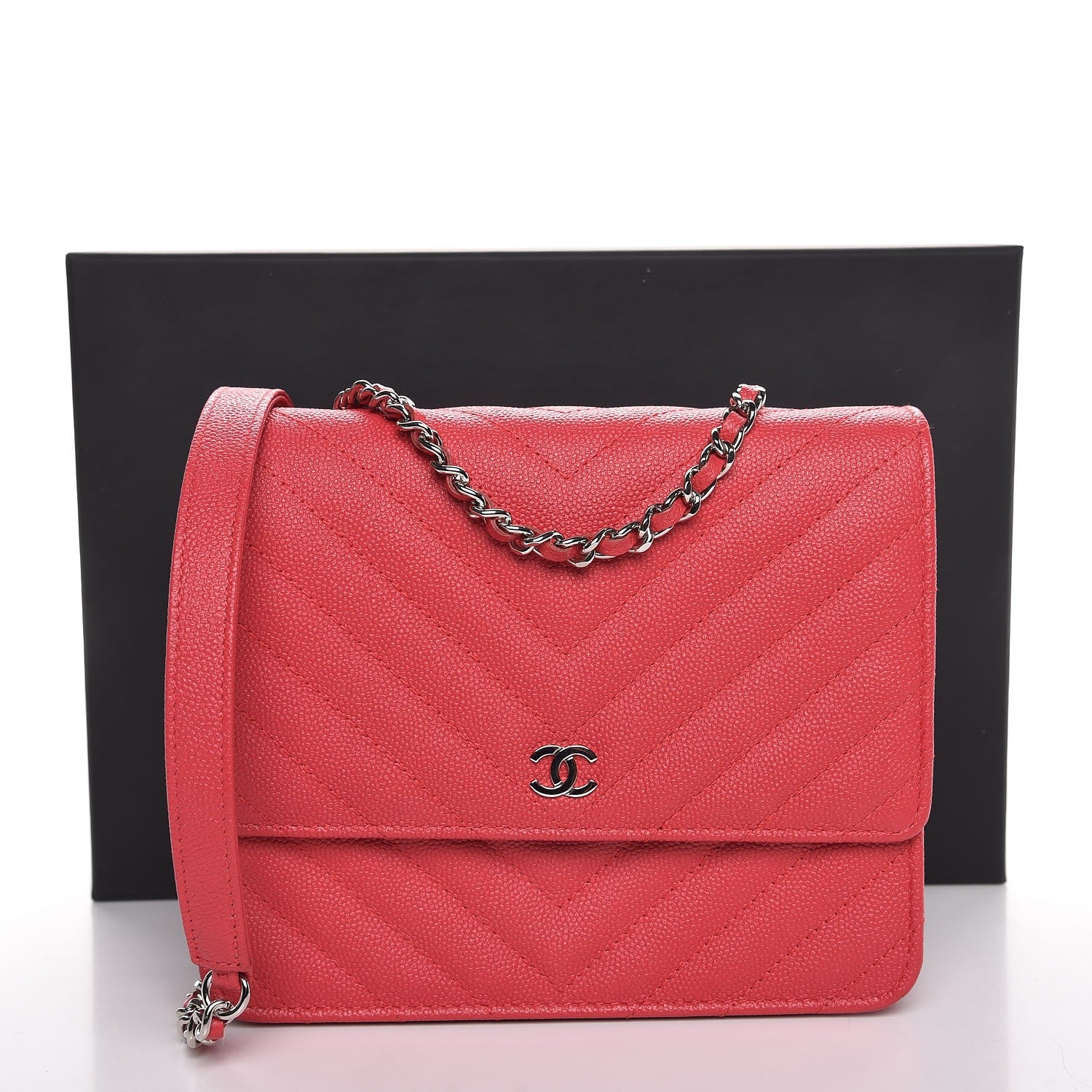 Chanel Caviar Chevron Quilted Square Wallet On Chain WOC Pink 9 of 9