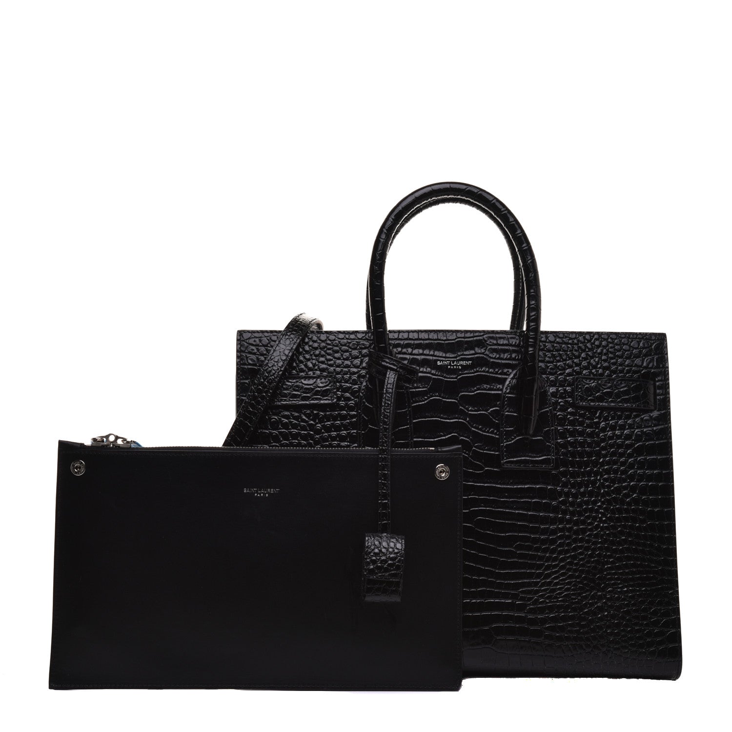 Saint Laurent Calfskin Crocodile Embossed Small Sac de Jour Black 1 of 9