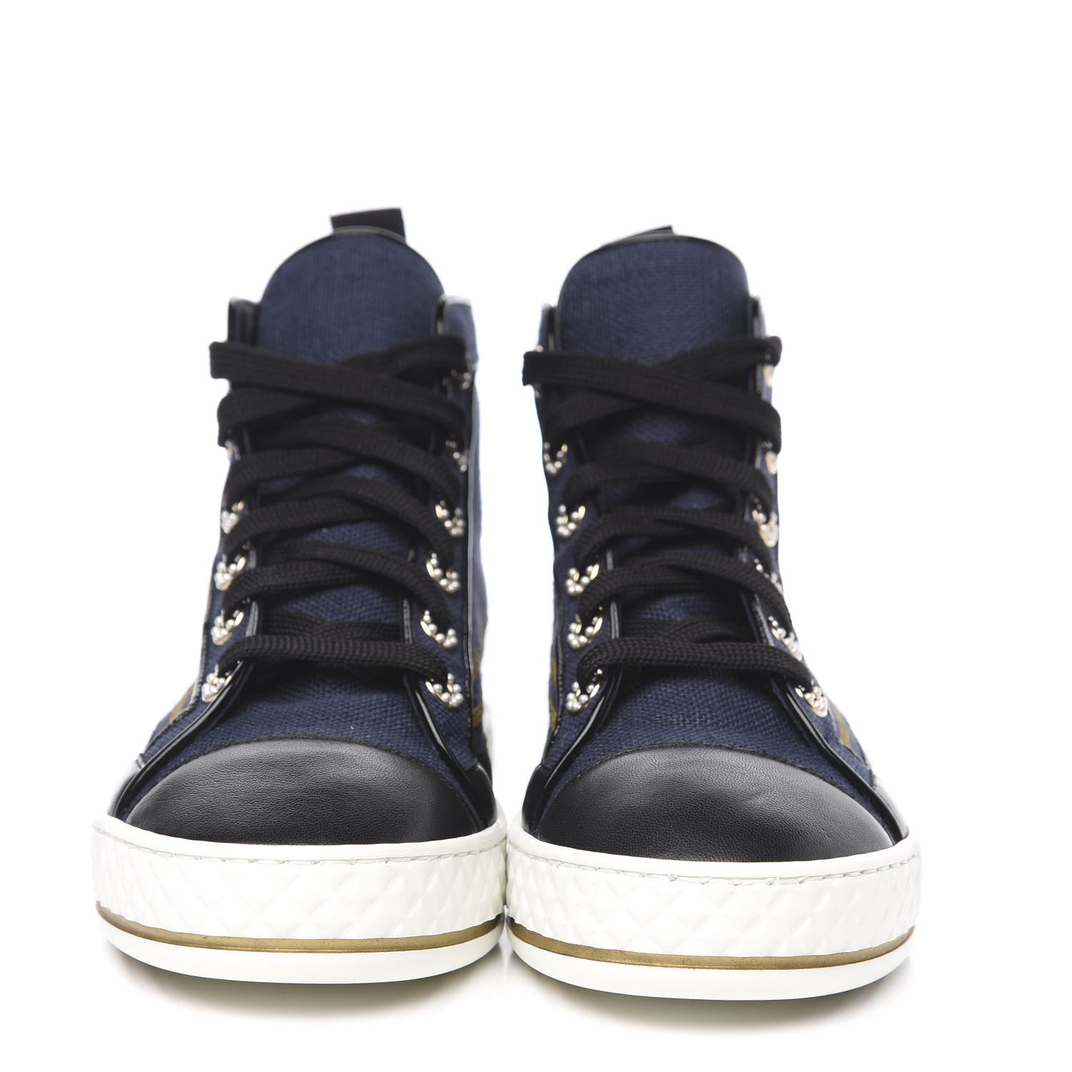 Chanel Fabric Lambskin Lace Up Cap Toe Sneakers 35 Navy Black 2 of 9