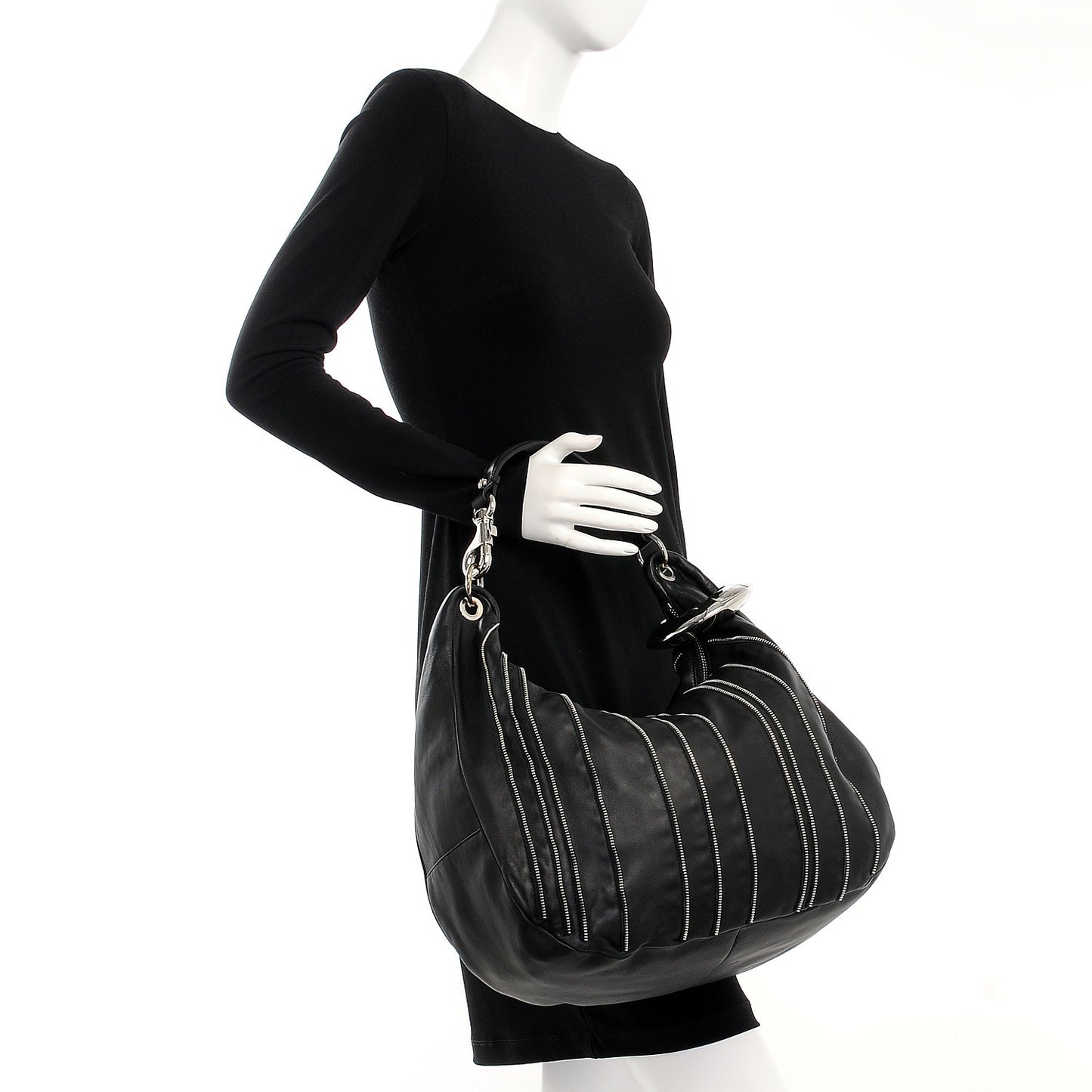 Lambskin Large Solar Zipper Hobo Black