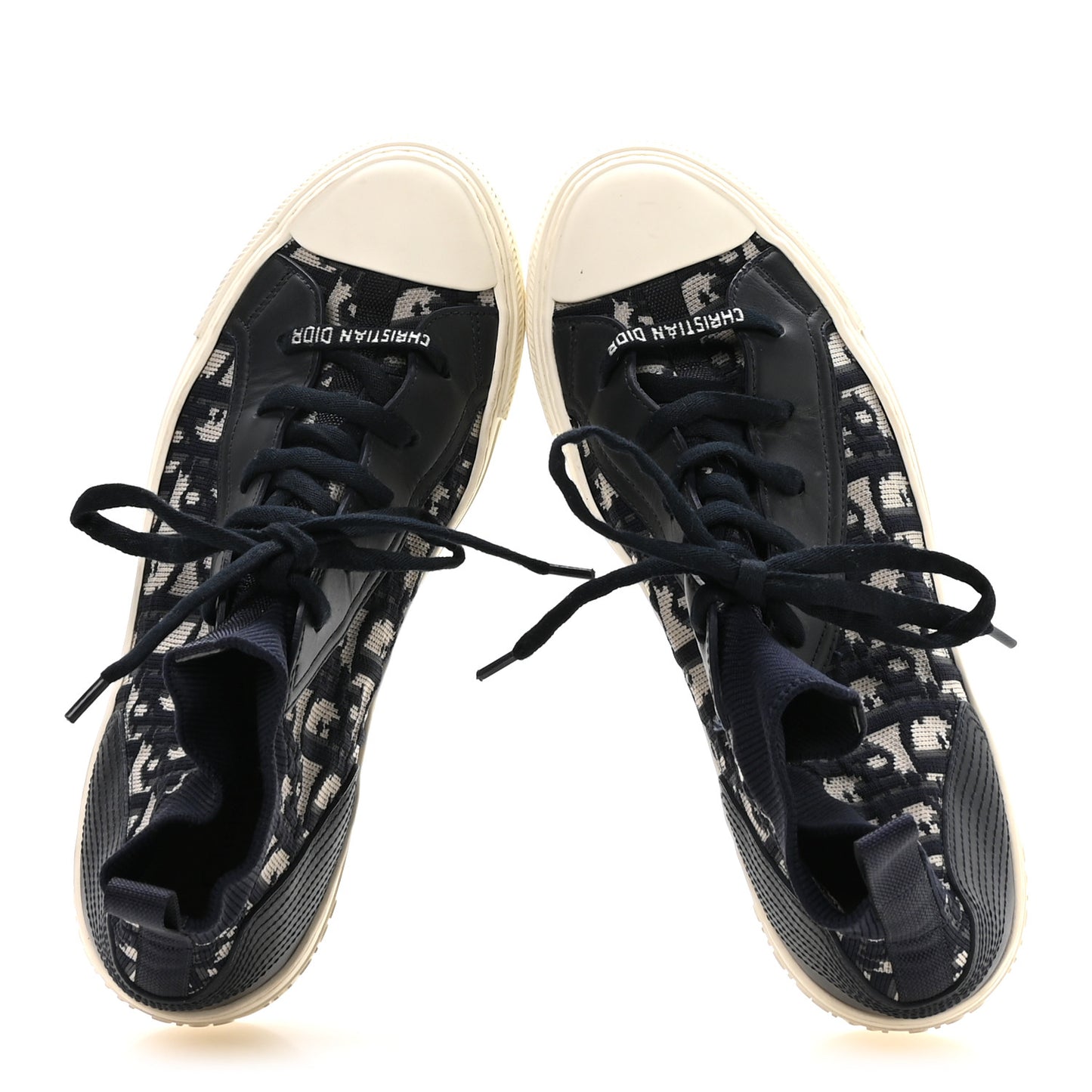 Technical Knit Calfskin Oblique Womens Walk'n Dior Mid Top Sneakers 38 Deep Blue