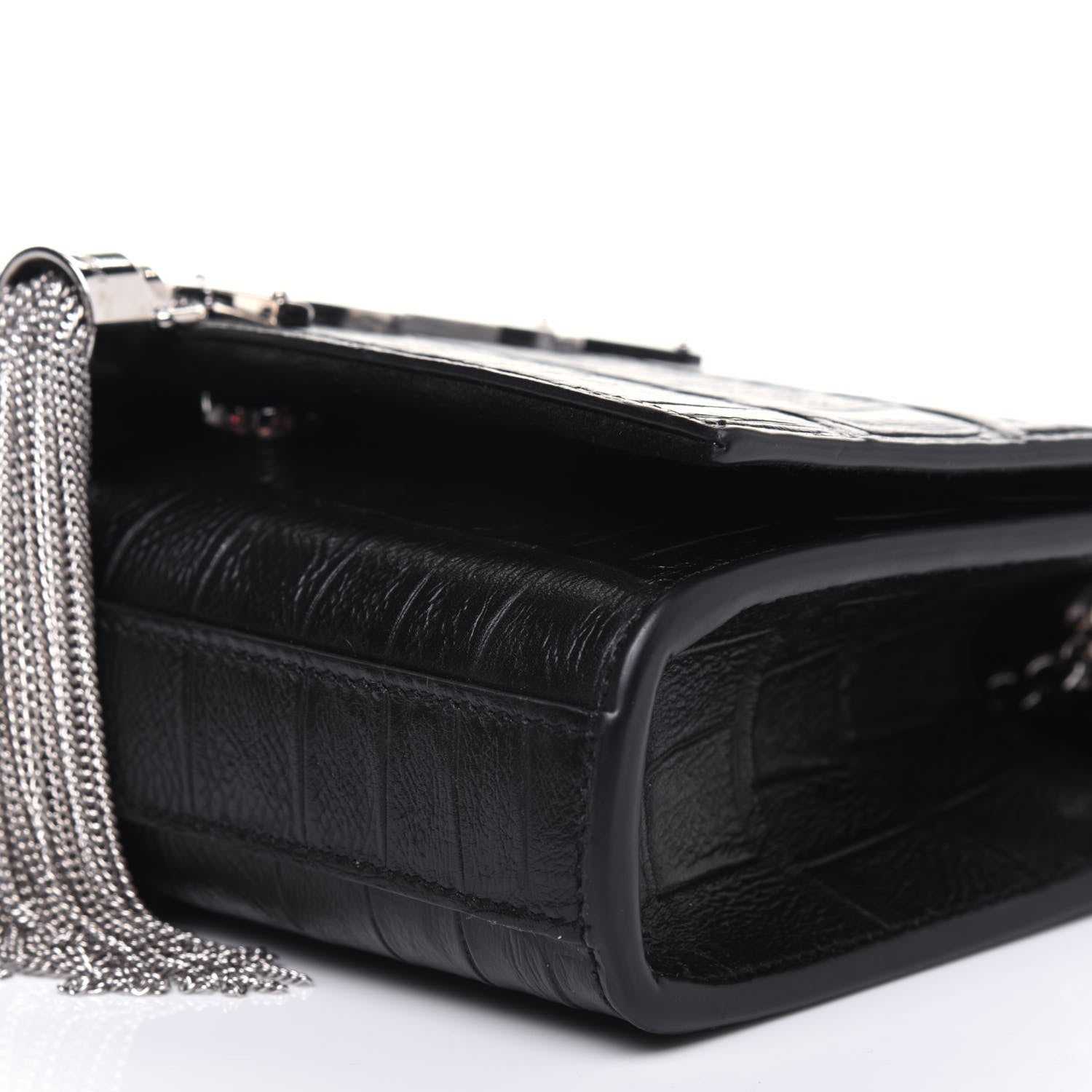 Saint Laurent Calfskin Crocodile Embossed Monogram Small Kate Tassel Satchel Black 13 of 14