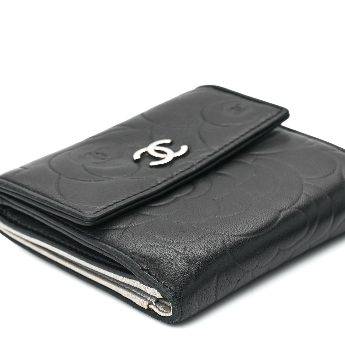 Lambskin Camellia Embossed Small Double Wallet Black