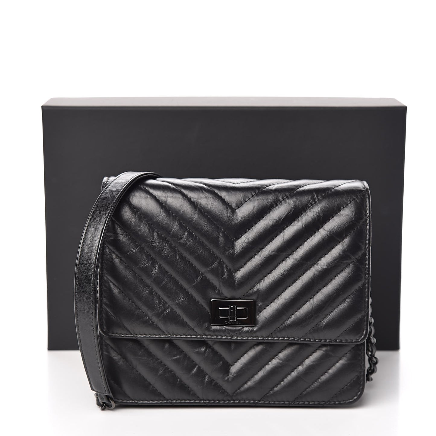 Aged Calfskin Chevron Quilted Reissue 2.55 Square Wallet On Chain WOC So Black