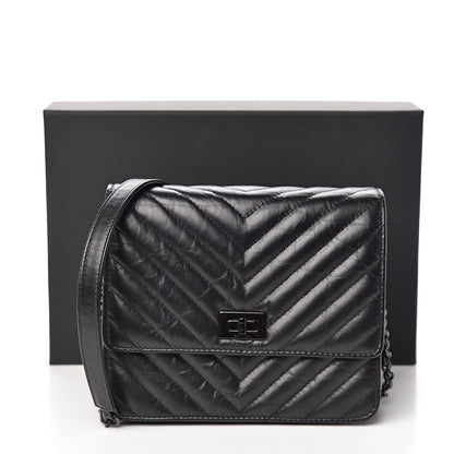 Chanel Aged Calfskin Chevron Quilted Reissue 2.55 Square Wallet On Chain WOC So Black 12 of 12
