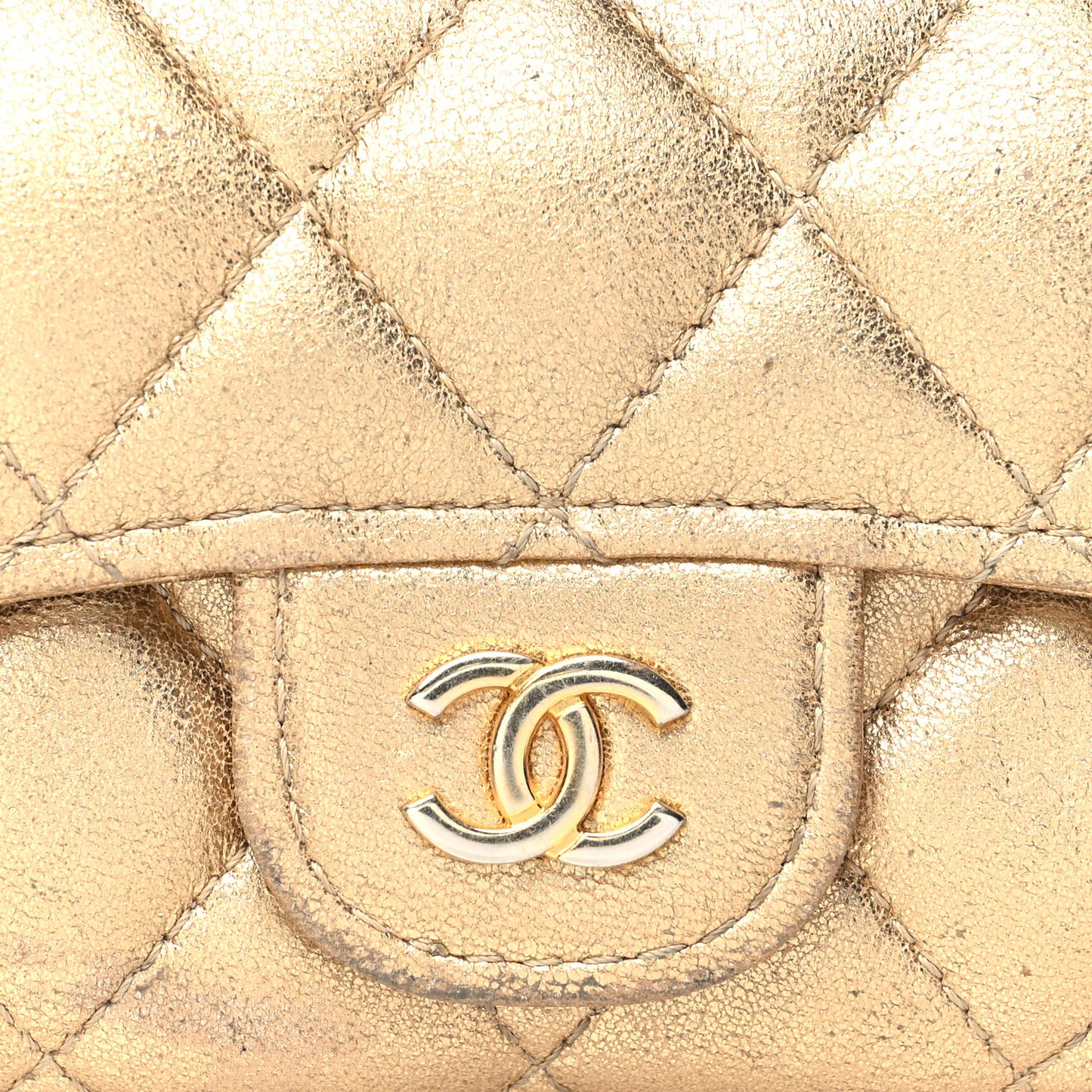 Metallic Lambskin Quilted Flap Card Holder Wallet Gold