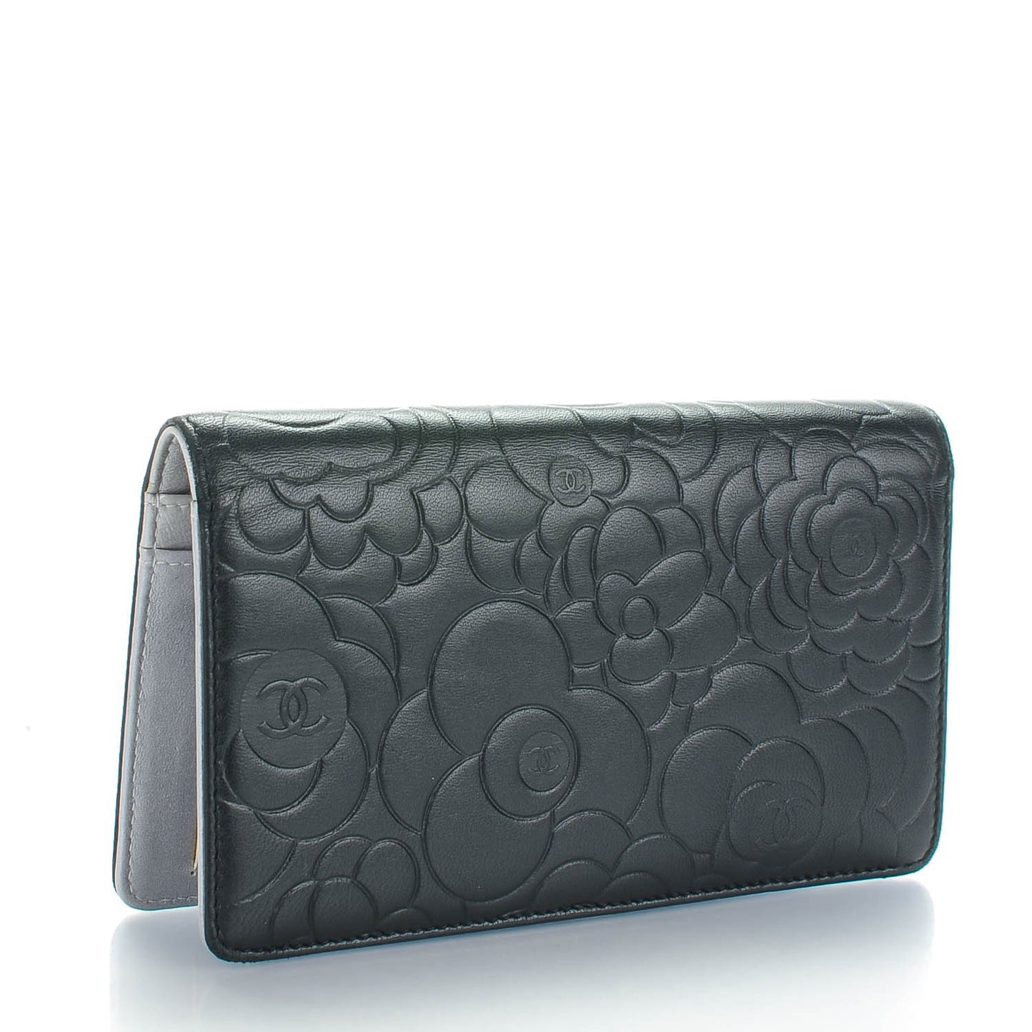 Lambskin Camellia Embossed Yen Wallet Black