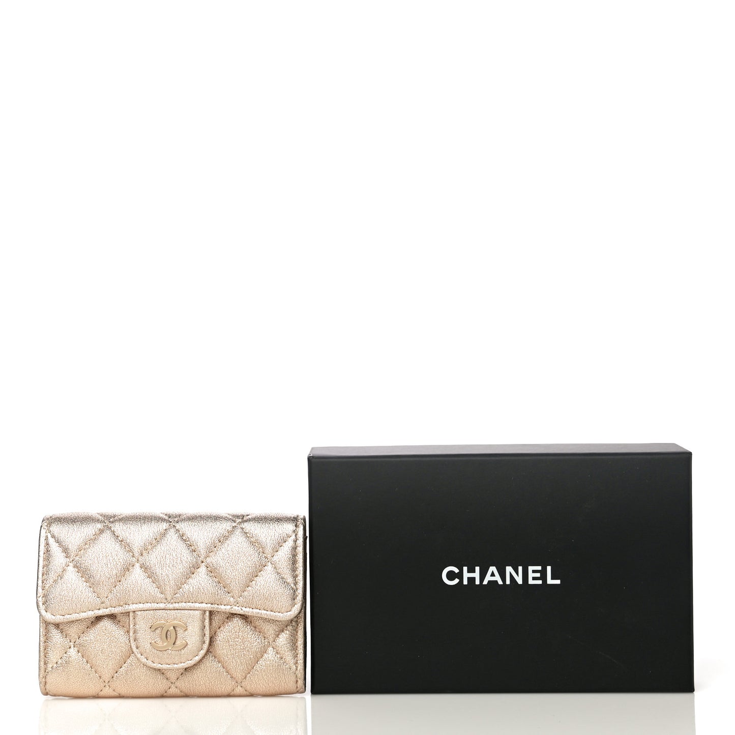 Metallic Lambskin Quilted Flap Card Holder Wallet Gold