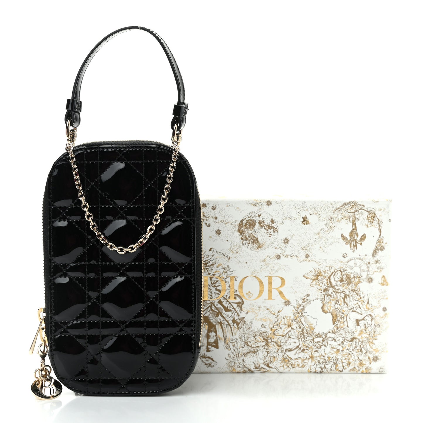 Patent Cannage Lady Dior Phone Holder Black