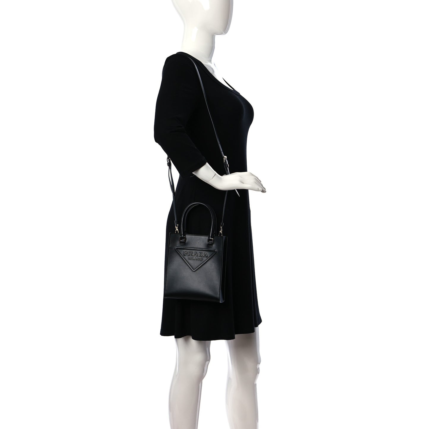 Soft Calfskin Triangle Logo Embossed Small Double Handle Crossbody Tote Black