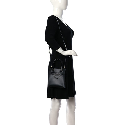 Prada Soft Calfskin Triangle Logo Embossed Small Double Handle Crossbody Tote Black 2 of 9