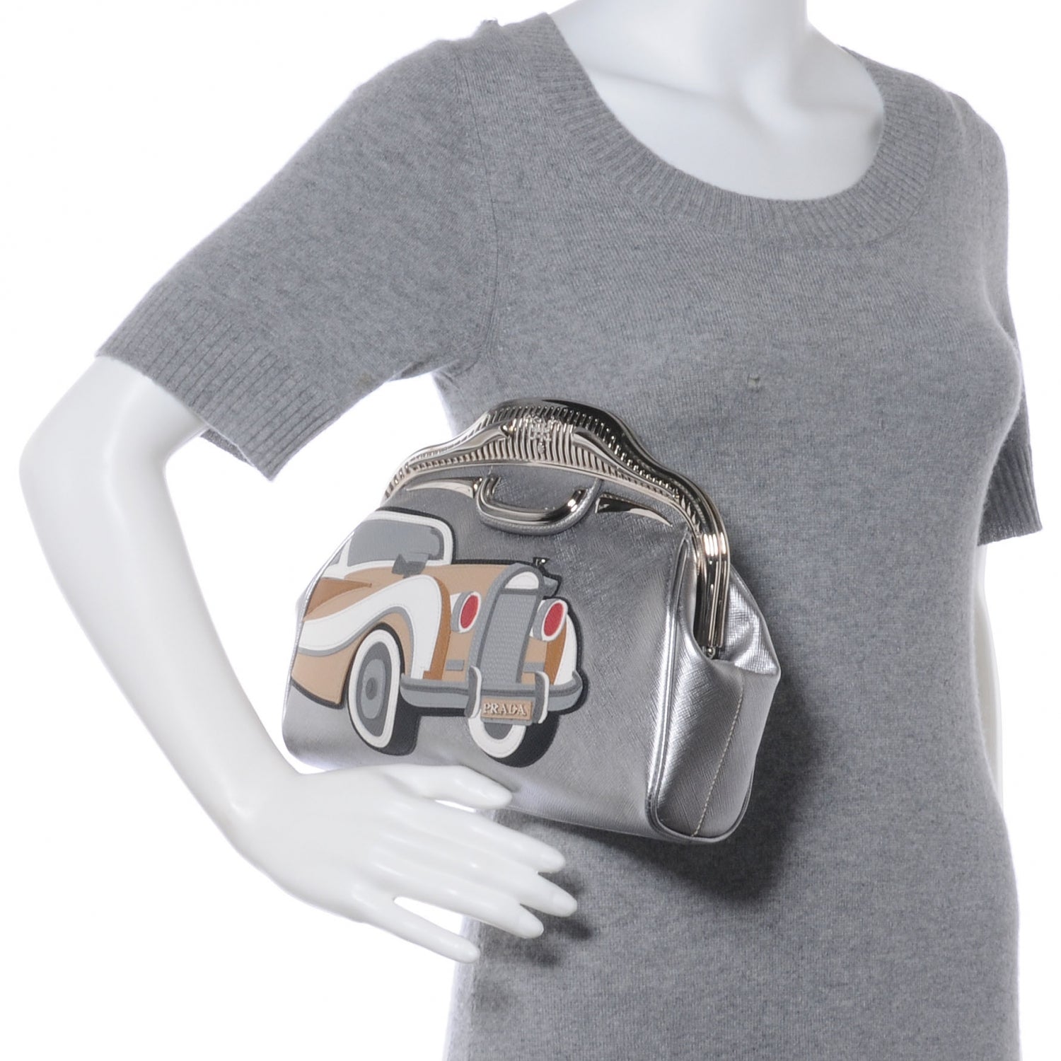 Prada Saffiano 50s Car Clutch Silver 2 of 10