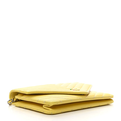 Chanel Lambskin Chevron Quilted Wallet On Chain WOC Yellow 3 of 11