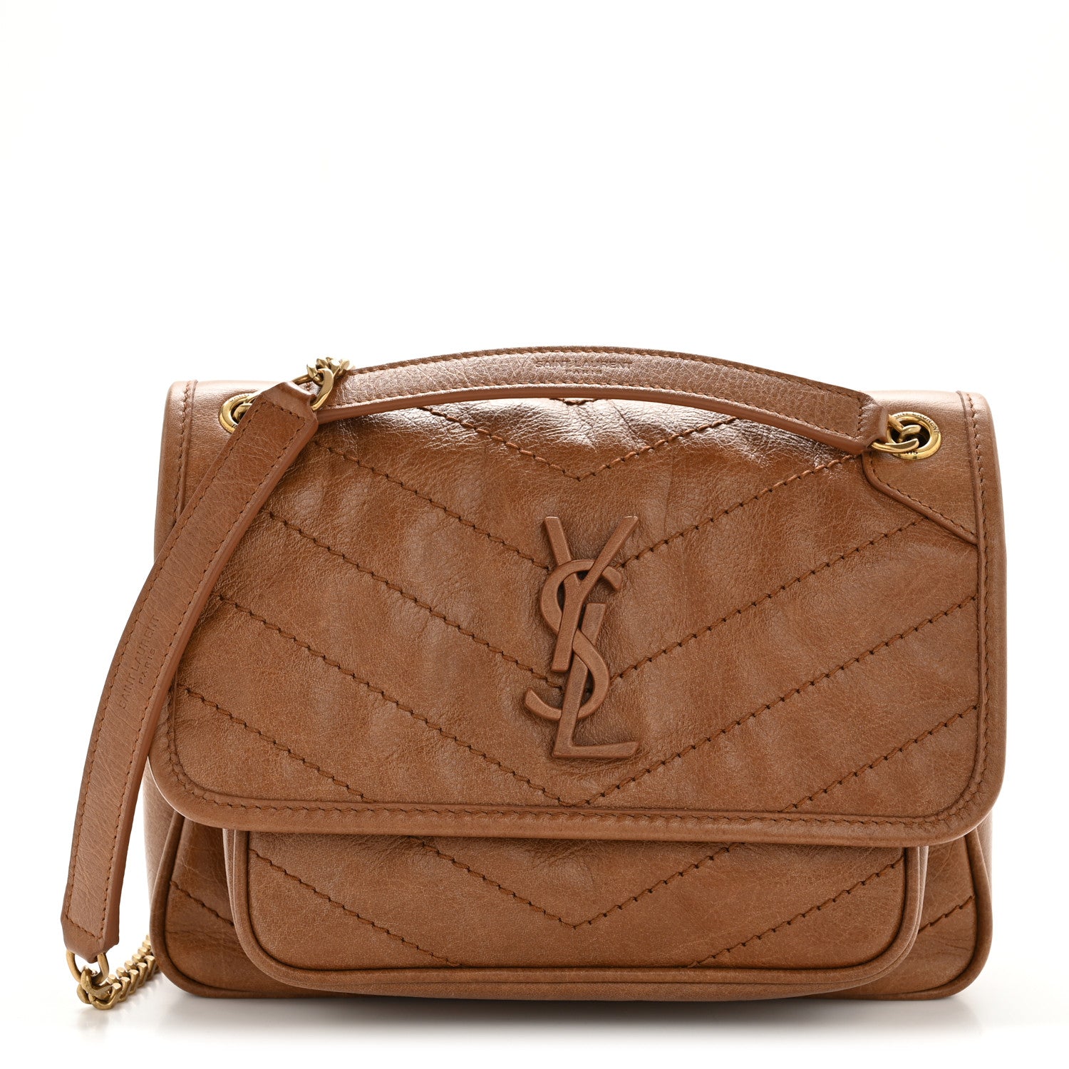 Saint Laurent Crinkled Calfskin Matelasse Monogram Baby Niki Chain Satchel Light Caramel 1 of 10