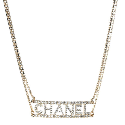 Chanel Metal Crystal Logo Choker Necklace Gold 1 of 7
