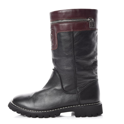 Chanel Calfskin Motorcycle Zipper Boots 38 Black Burgundy 1 of 12