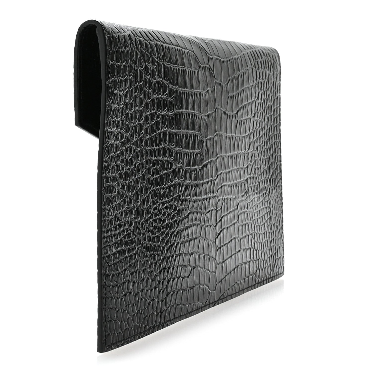 Saint Laurent Calfskin Crocodile Embossed Uptown Monogram Pouch Black 3 of 8