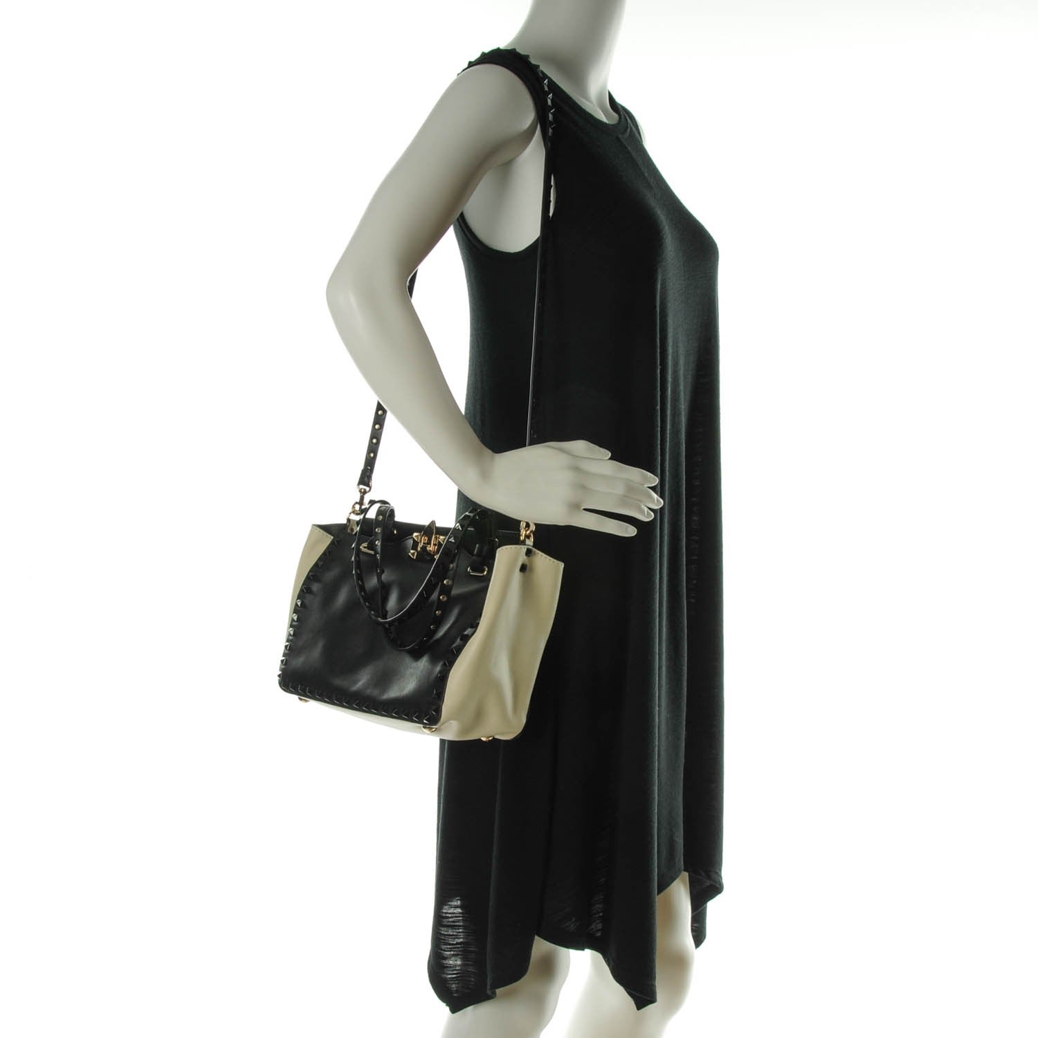 Valentino Garavani Vitello Monochrome Small Rockstud Tote Black Light Ivory 2 of 7