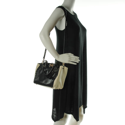 Valentino Garavani Vitello Monochrome Small Rockstud Tote Black Light Ivory 2 of 7