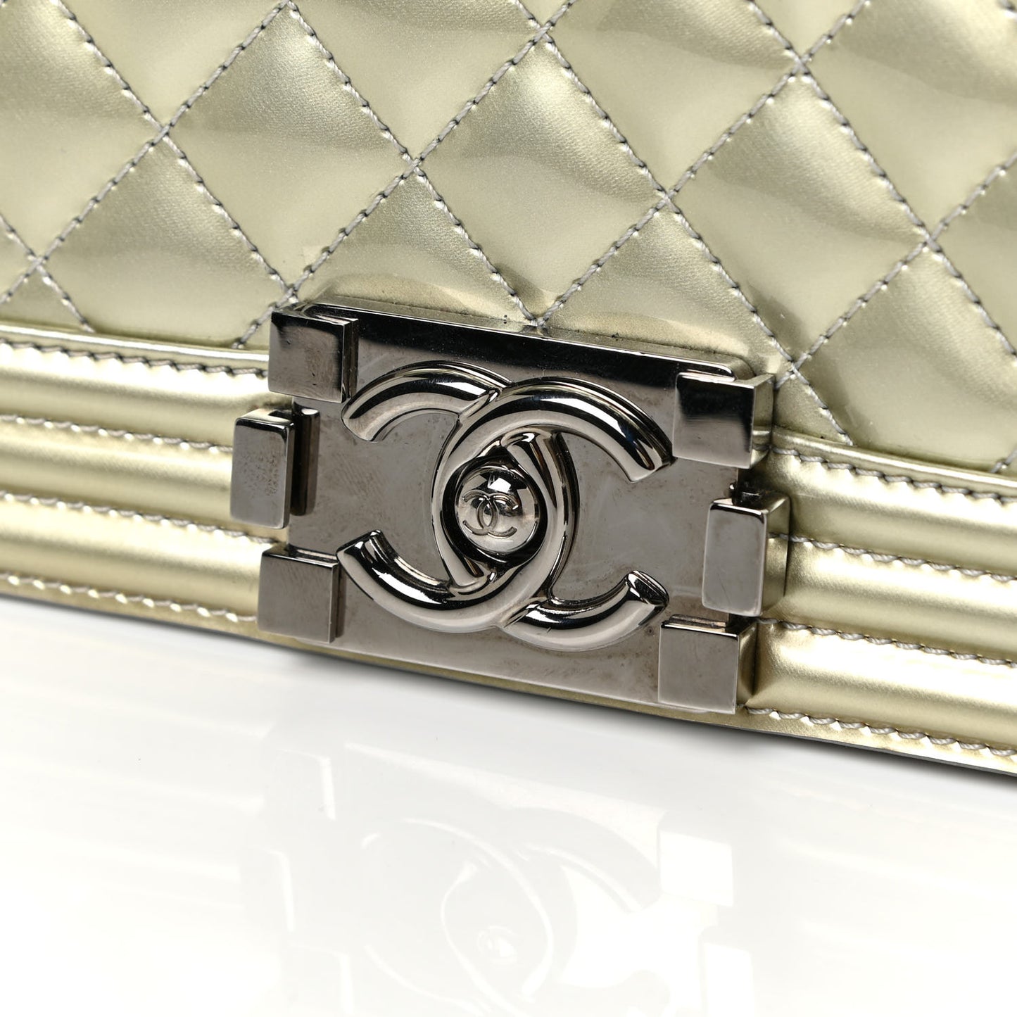 Metallic Patent Calfskin Quilted Medium Boy Flap Silver