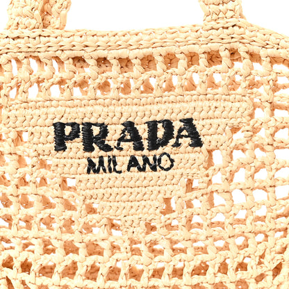 Prada Yarn Raffia Effect Crochet Logo Embroidered Small Tote Bag Naturale 7 of 10
