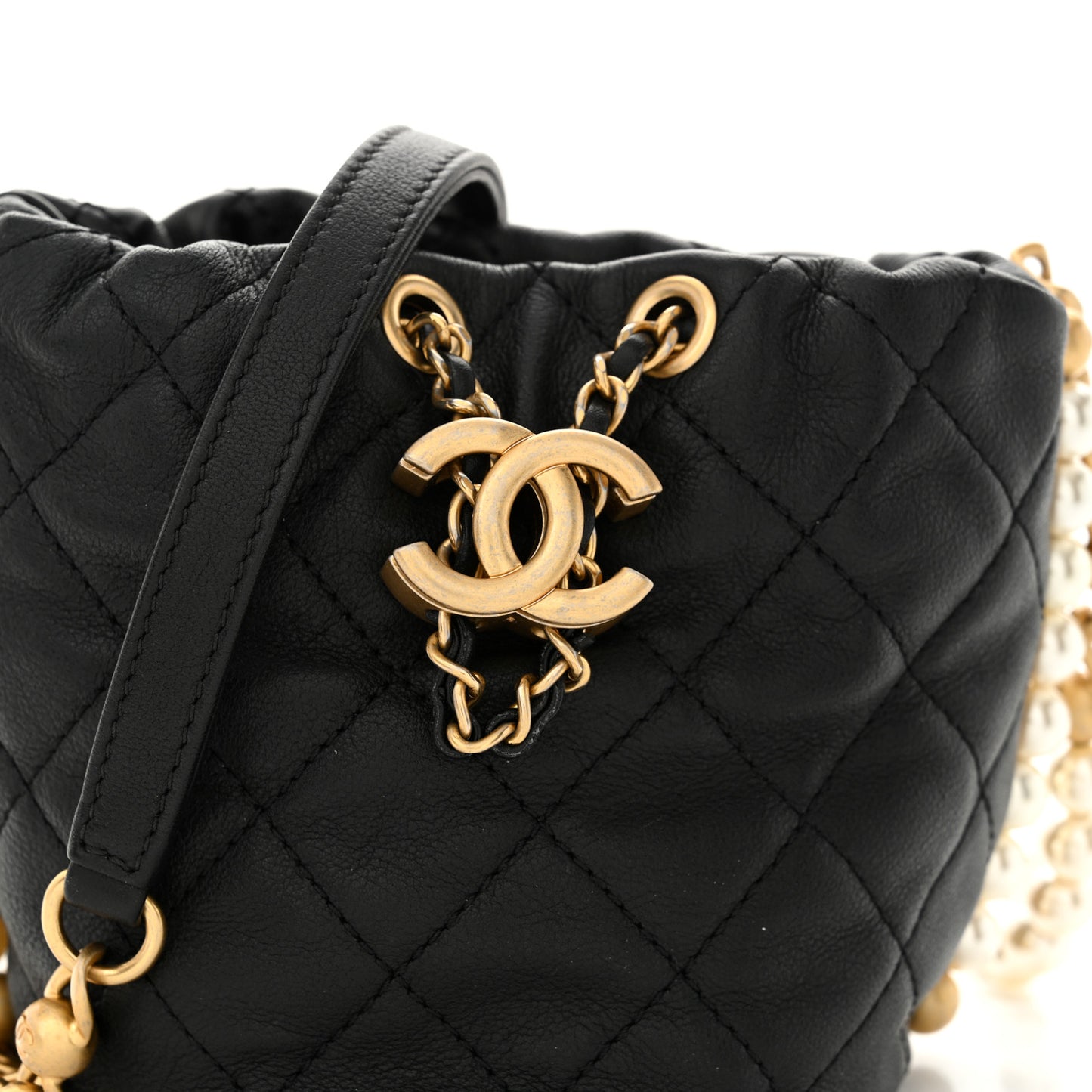 Calfskin Quilted Pearl Mini About Pearls Drawstring Bucket Bag Black