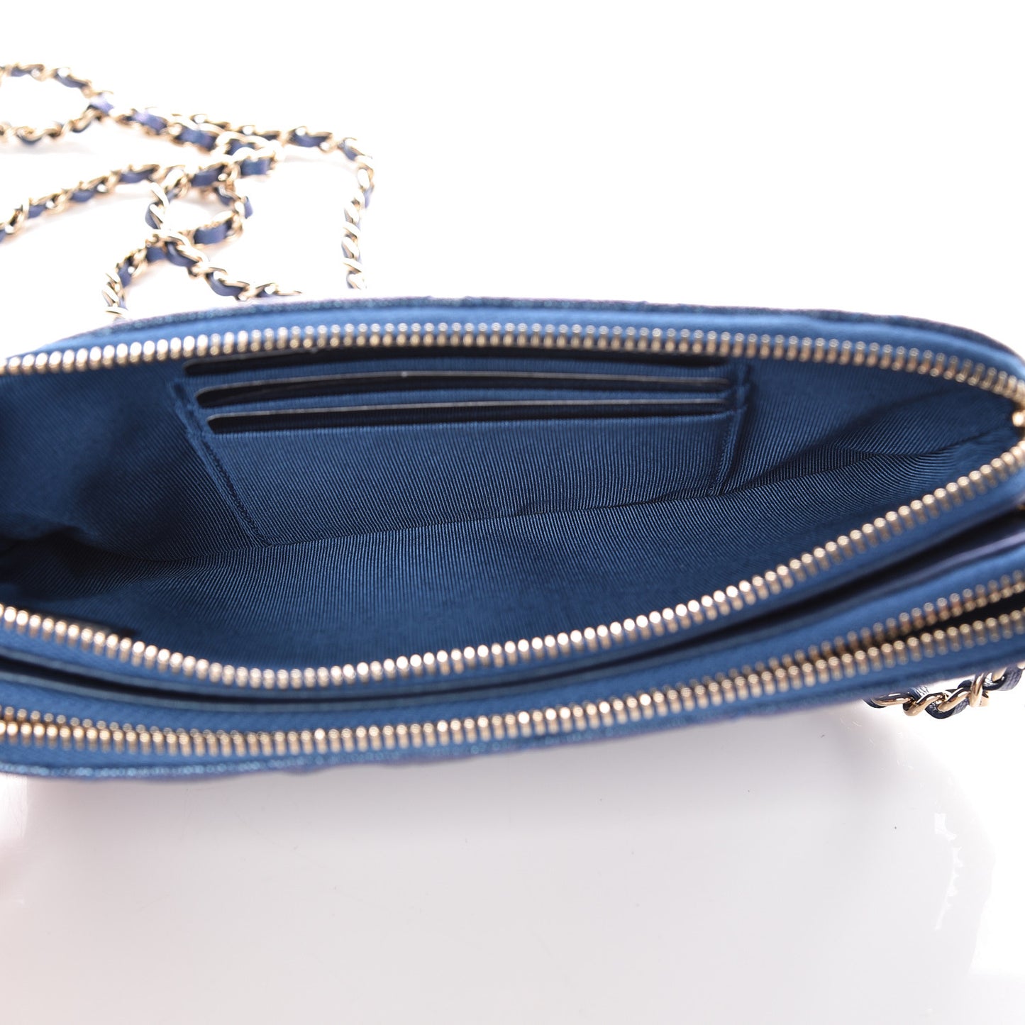 Iridescent Caviar Quilted Clutch With Chain Dark Blue
