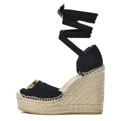 Gucci Cotton Crochet Pearly GG Ankle Wrap Platform Espadrille Wedges 35 Black 1 of 6