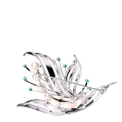 Mikimoto 14K White Gold Emerald Akoya Pearl 6.5-7.5mm Flower Brooch 3 of 4