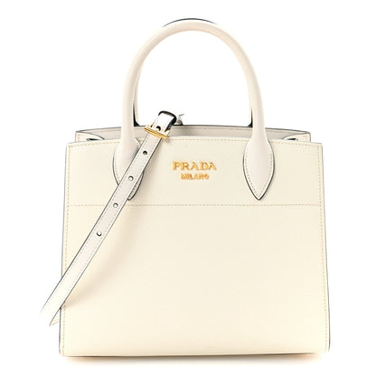 Prada Saffiano City Calfskin Mini Bibliothèque Top Handle White Black 1 of 9