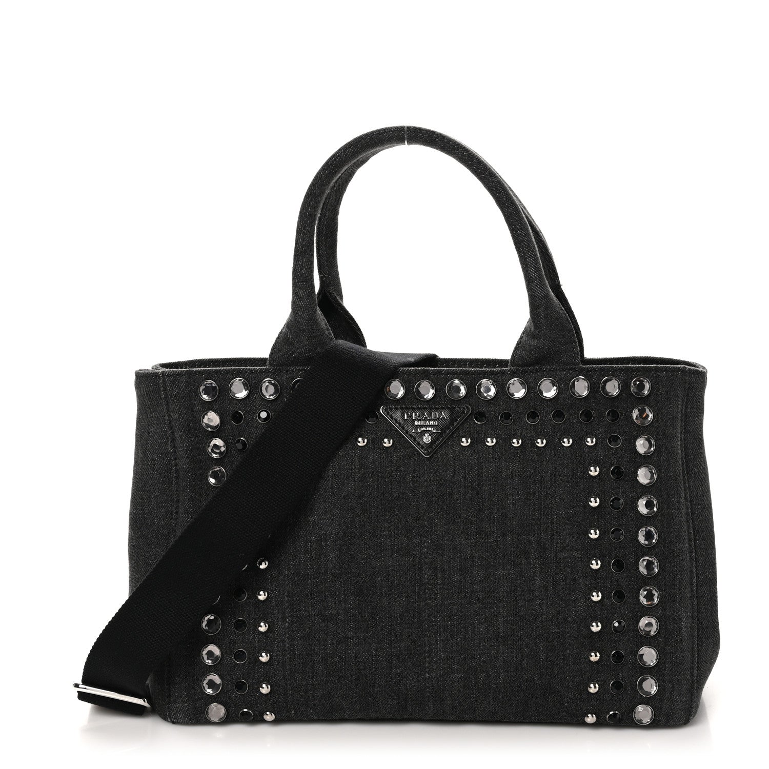 Prada Denim Crystal Studded Small Canapa Tote Black 1 of 9