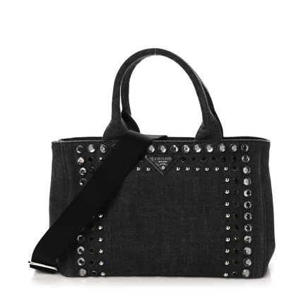 Prada Denim Crystal Studded Small Canapa Tote Black 1 of 9
