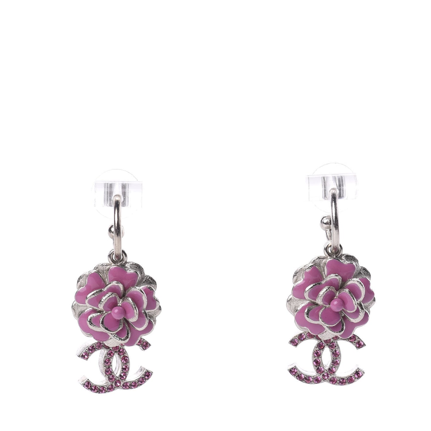 Enamel Crystal Flower CC Drop Earrings Silver Pink