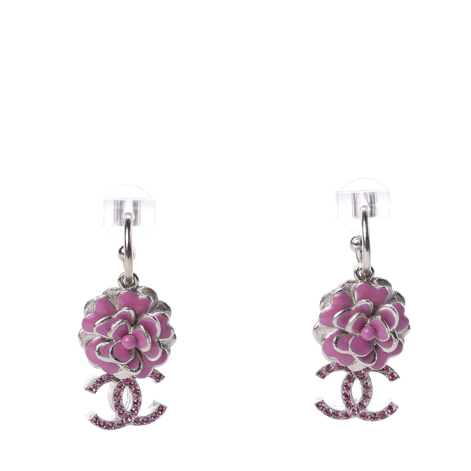 Chanel Enamel Crystal Flower CC Drop Earrings Silver Pink 1 of 5