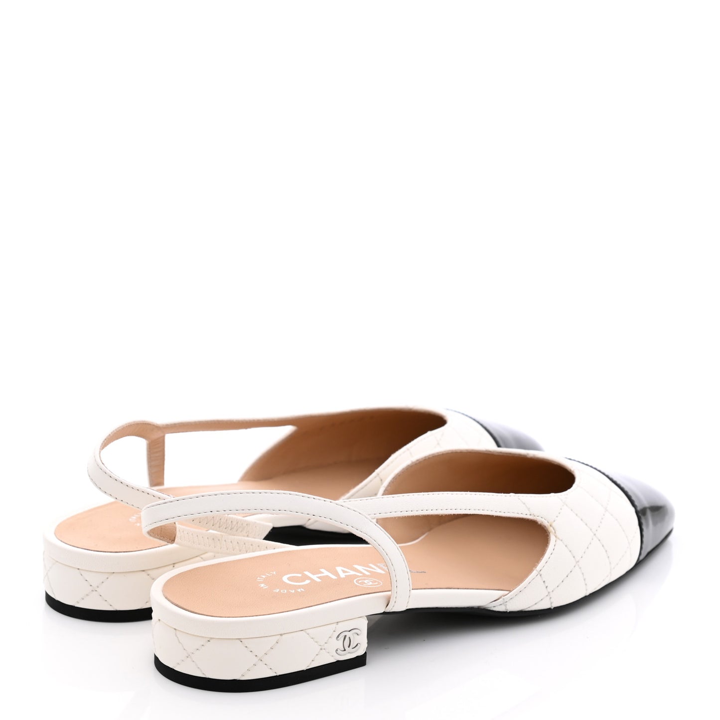 Lambskin Patent Quilted Cap Toe CC Slingback Flats 36 White Black